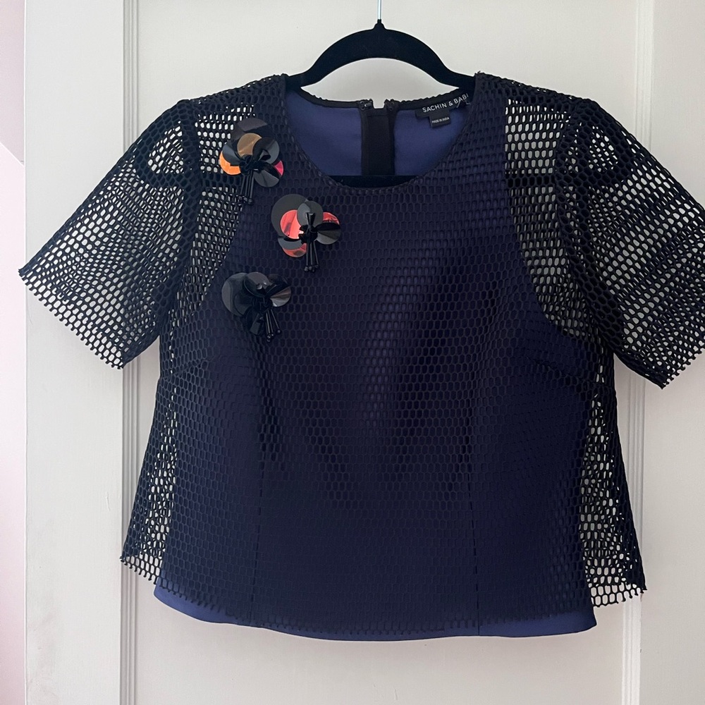 Sachin + Babi Black Mesh Blouse with Floral Accents